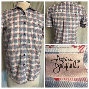 Adrian Delafield Blouse M Button Up short sleeve pocket plaid red whit blue